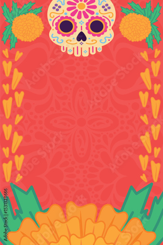 Vector marco estilo día de muertos. Diseño sobre papel picado naranja. Tradición mexicana