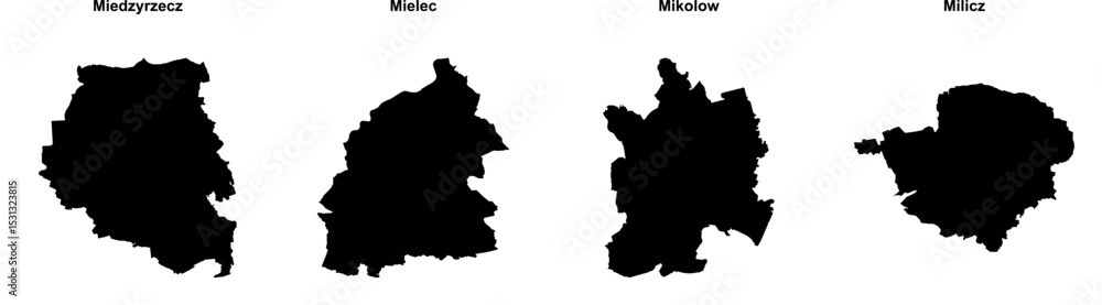 Fototapeta premium Miedzyrzecz, Mielec, Mikolow, Milicz outline maps