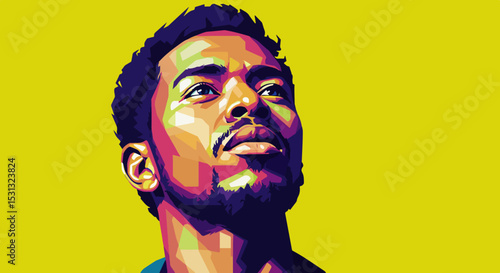 Digital portrait of a man with short dark hair and beard in vivid geometric art style