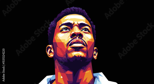 Young man in vivid low-poly style with geometric facial features on black background