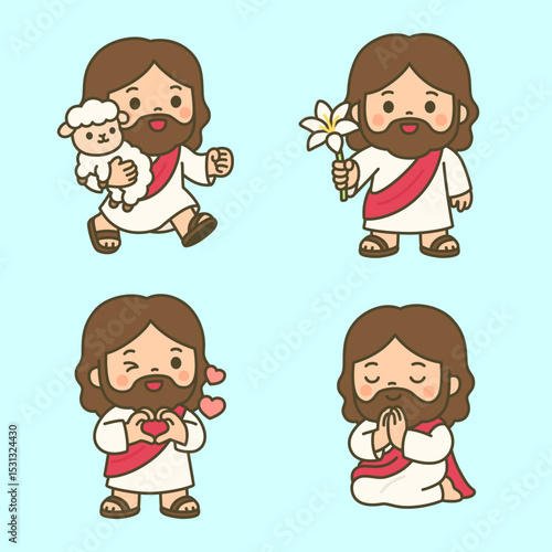 Loving Cartoon Jesus with Lamb, Lily, Heart Symbol and Peaceful Praying Gesture on Blue Background