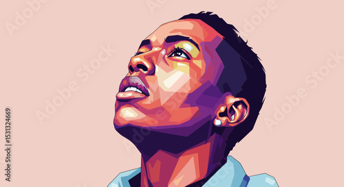Young man in vivid, low-poly, geometric art style with expressive face and upper body