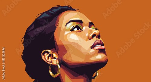 Portrait of a woman with bold, colorful lines accentuating her facial features and voluminous hair