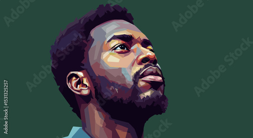 Low-poly portrait of a man with short dark hair and beard in profile facing right