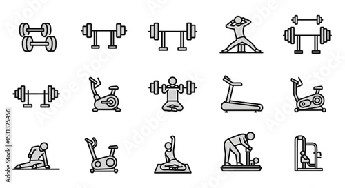 Vector icons Set of  Collection of Fitness Equipment and Exercises in Monochrome Style. Vector Illustrations
