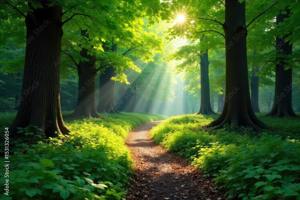 Obraz premium Sun-dappled forest floor in summer, lush green foliage, dappled sunlight filtering through the canopy, creating magical shadows Perfect for nature, travel, and environmental themes , shadows, canopy