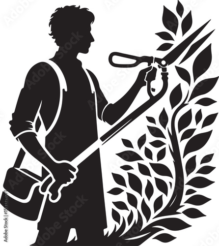 Silhouette of a gardener trimming a leafy plant with long handled shears tool vector