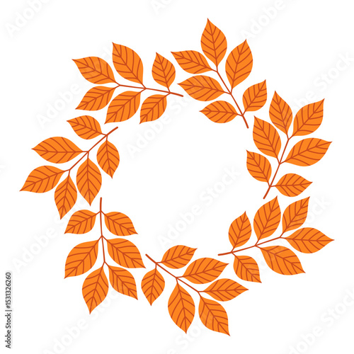 Simple orange red ash branch circle frame. Cute wreath border of autumn leaves. Hello fall. Vector seasonal illustration. Template for poster, postcard.