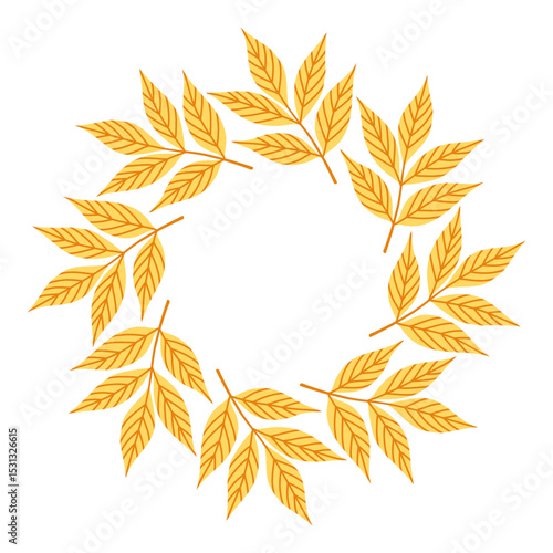 Simple yellow ash branch circle frame. Cute wreath border of autumn leaves. Hello fall. Vector seasonal illustration. Template for poster, postcard.