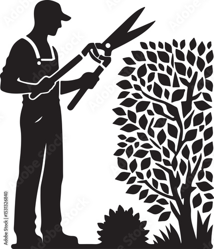 Silhouette of a gardener trimming a tree with large shears in a black and white image