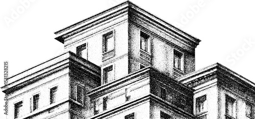 Architectural structure with monolithic block and massive cornice featuring geometric elements