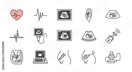Vector icons Set of  Collection of Medical Ultrasound and Fetal Monitoring Icons. Vector Illustrations