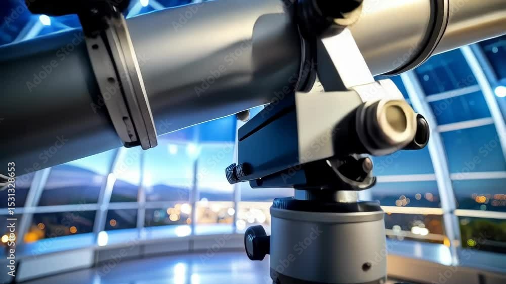 Telescope Inside Dome Observatory for Astronomical Observation and Scientific Research against Cityscape at Night, Precision Instrument Telescope Inside Dome Observatory for Astronomical Observation and Scientific Research against Cityscape at Night, Precision Instrument