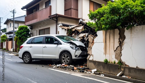 交通事故、壁に追突した自動車。（Traffic accident, car crashed into wall.）
