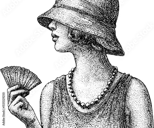 Vintage 1920s flapper fashion with cloche hat and beaded dress for retro design inspiration