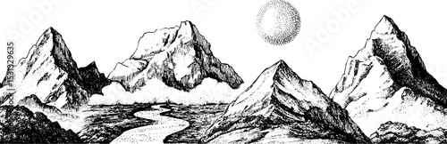 Serene abstract mountain peaks and winding river landscape scene