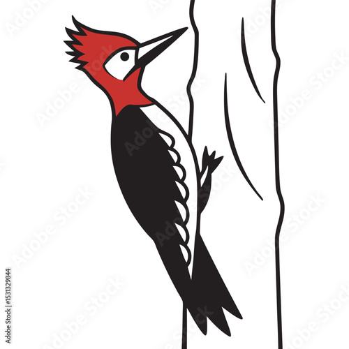 Redheaded Woodpecker Clinging to Tree Trunk Black and Red Bird Illustration
