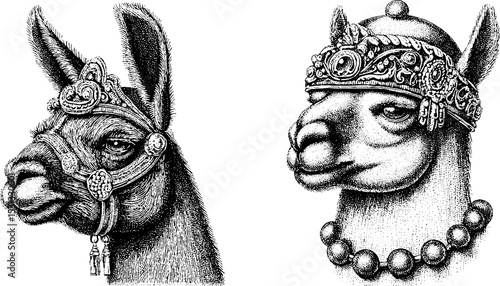 Andean llama accessories with ornate headpieces and jewelry design