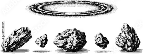 Asteroid impact crater and falling rocks illustration for science and education