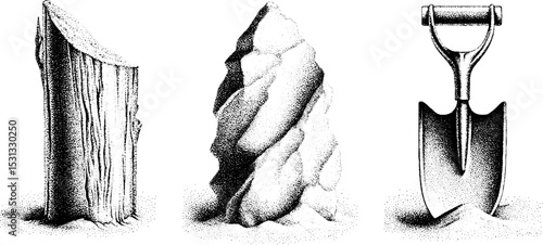 Winter avalanche scene with snow wave, buried tree, and shovel