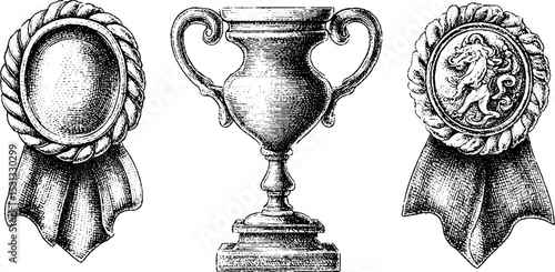 Vintage set of trophy, badge, medal, and ribbon for recognition awards