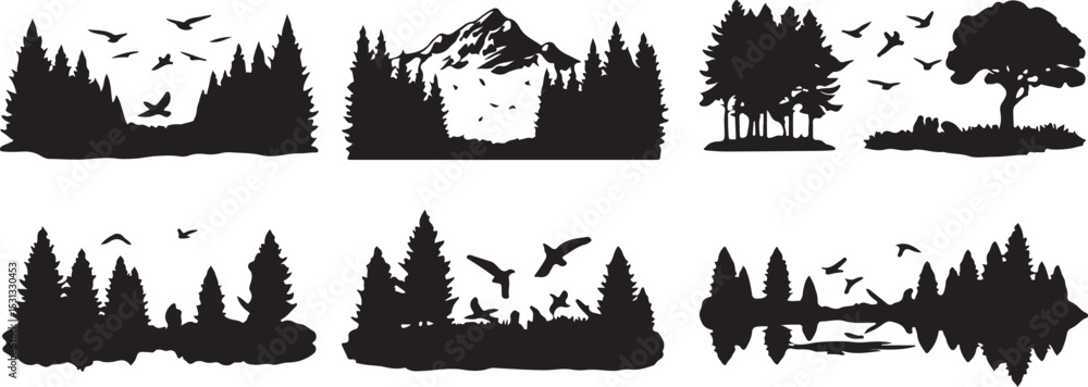 Obraz premium Serene Forest & Nature Silhouettes - Vector Landscape Collection