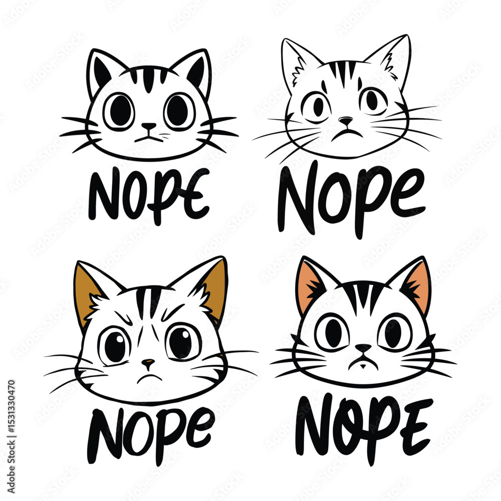 Obraz premium Adorable cartoon cat heads with a variety of expressions and the word nope displayed