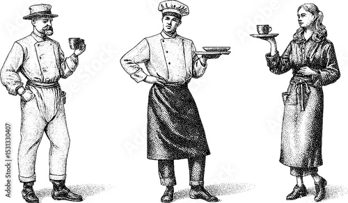 Diverse hospitality professionals: barista, waiter, chef, and bartender set