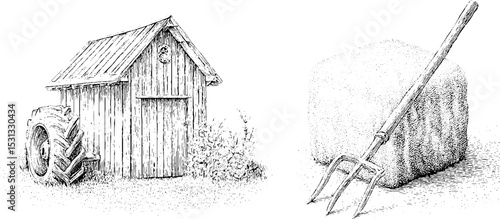 Rustic farm elements featuring barn, tractor, hay bale, and pitchfork for agricultural design