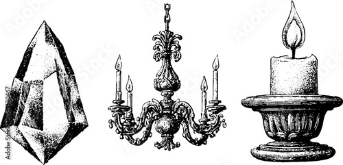 Elegant baroque chandelier, crystal prism, and candle design for decor and art