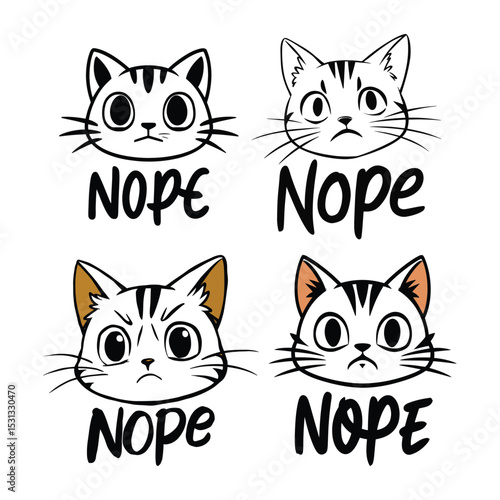 Adorable cartoon cat heads with a variety of expressions and the word nope displayed