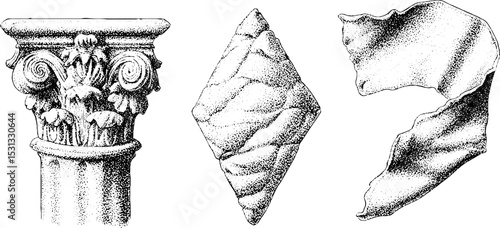 Antique column capital and crumpled paper pretzel: vintage architectural and textural study for design