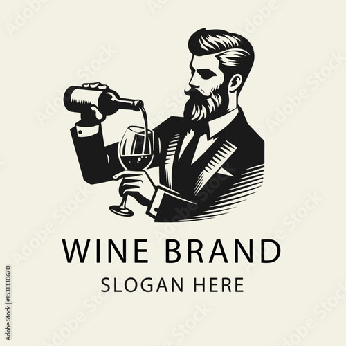 Black and white flat vector illustration of a bearded sommelier pouring wine into a glass. Minimal vintage style, perfect for logos or prints.