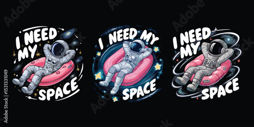 Astronaut relaxation in space enjoying personal time concept with humorous typography