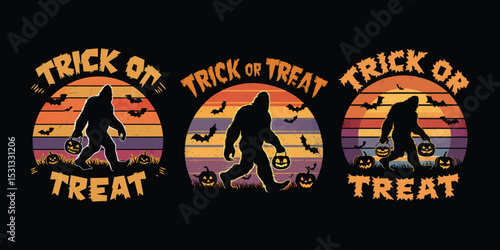 Bigfoot silhouette celebrating halloween with trick or treat text and pumpkin lanterns