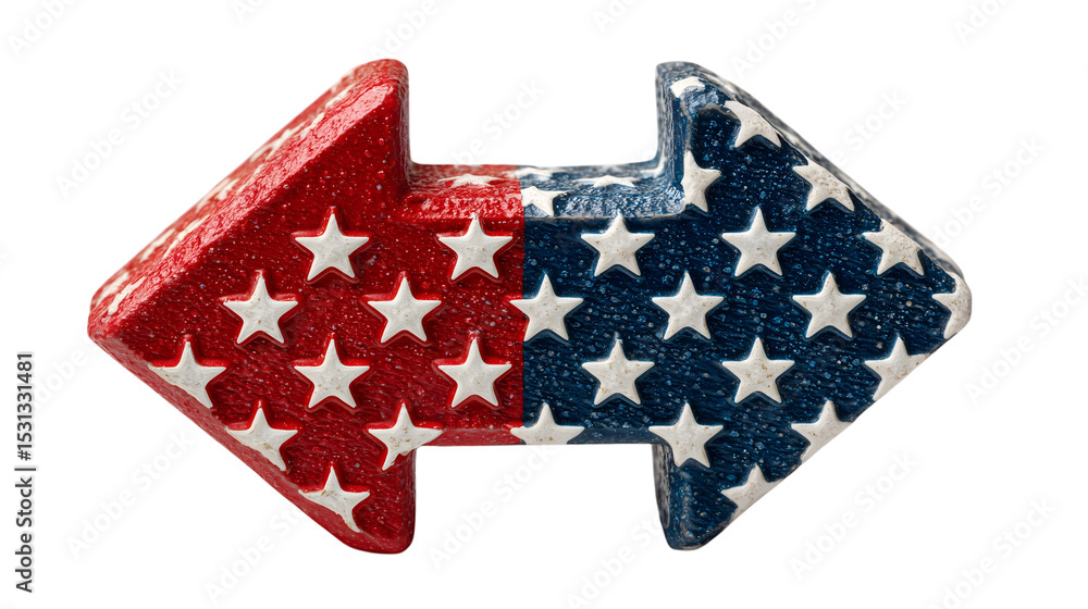 Obraz premium 3D arrow red white blue american flag colors and stars design. PNG isolated on a transparent background for patriotic celebration