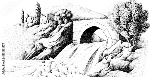 Collapsing dam wall with rushing torrent in rustic countryside landscape