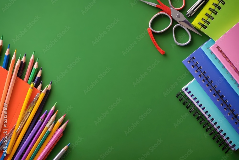 Fototapeta premium Colorful school supplies arranged on a vibrant green background