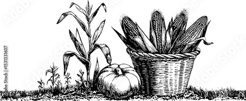Autumn harvest composition with corn stalks, maize ears, and pumpkin design for seasonal celebration