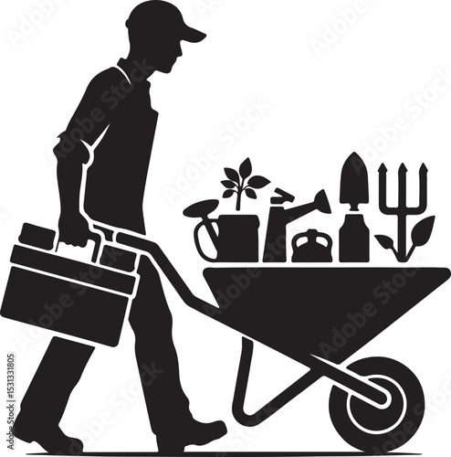 A silhouette of a gardener pushing a wheelbarrow filled with gardening tools and a toolbox