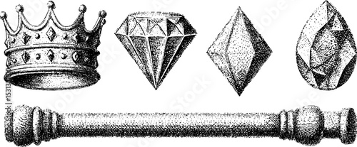 Vintage royal collection: crown, diamonds, jewel, and scepter design for historical decoration