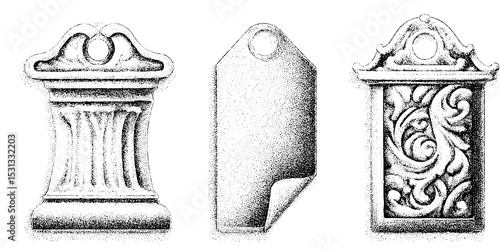 Ornate document icons and bookmarks with tags and links for design projects