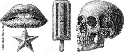 Creative pop art set featuring dotted lips, skull, and retro ice lolly for artistic design