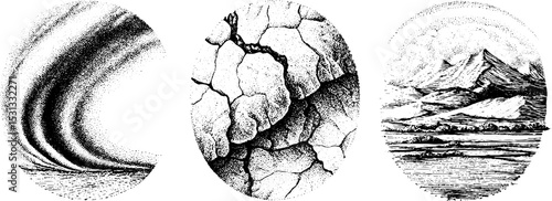 Dust storm dynamics, swirling sand, and cracked earth textures for design
