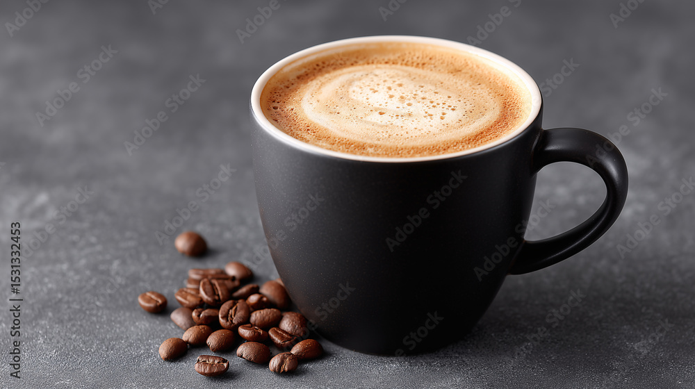 Fototapeta premium Morning Coffee: The image presents a rich coffee cup, and fresh coffee beans. Perfect for those seeking warmth and a moment of pause. A photo of a black ceramic cup filled with a rich, creamy.