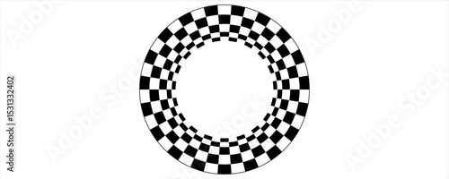 Abstract checkered circle frame vector illustration. Vintage black and white alternating square tiles circular border. Checkerboard round race flag.