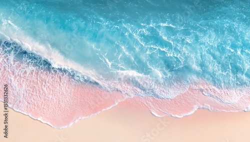 High quality photo of beautiful pastel pink beach with white sand and blue ocean water wave background banner summer vacation concept.
