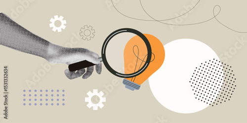 Halftone collage idea search. Hand holding magnifying glass with lightbulb. Smart thinking, bright vision, clue, solution, insight.  Find target. Trendy retro vector illustration.