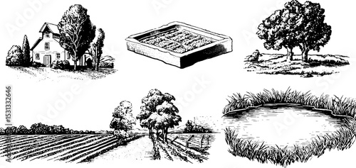 Rustic farm and landscape elements with field map and paddock markers