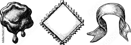 Abstract ink blot fluid art with jagged polygon and dotted ribbon elements for creative design